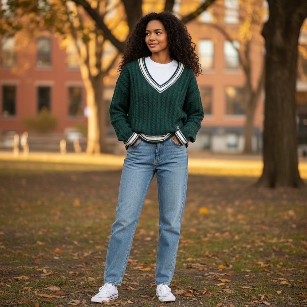 PINK Victoria's Secret Sweater XXL Green Excellent Varsity Cable Knit‎ V-Neck